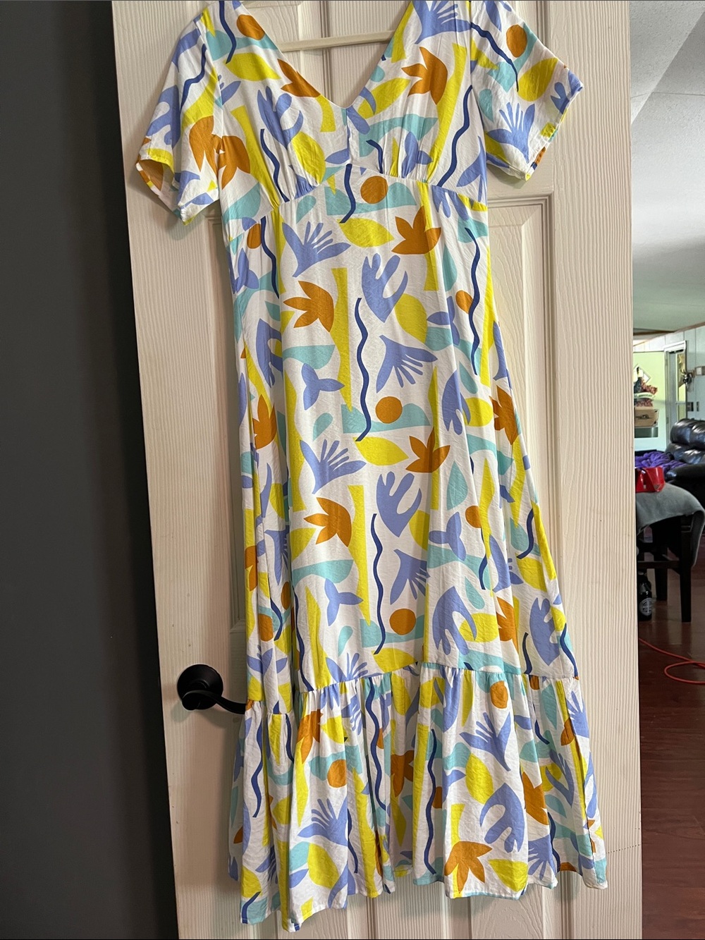 Abstract Floral V-Neck Midi Dress in White, Yellow & Lavender